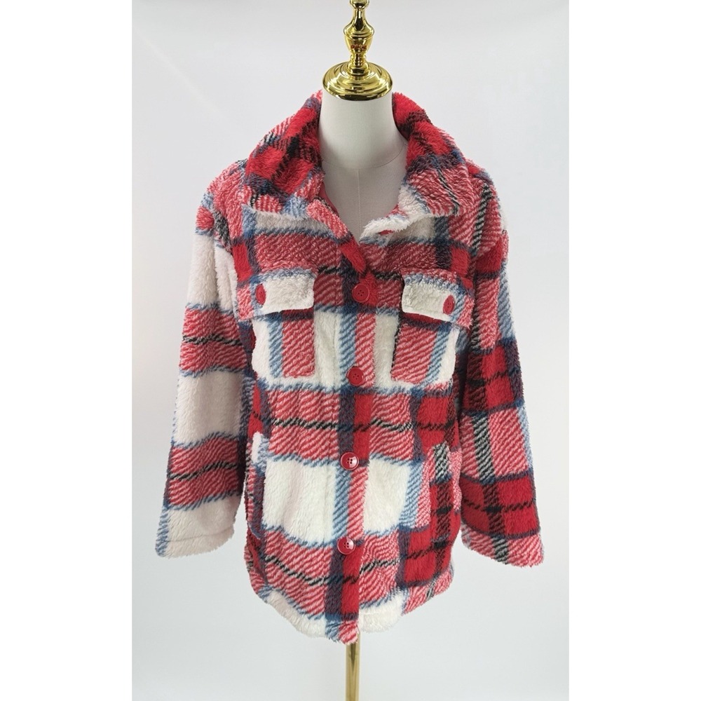 White Mark Women's Plaid Red Fleece Button Down Long Sleeve Shacket Small S